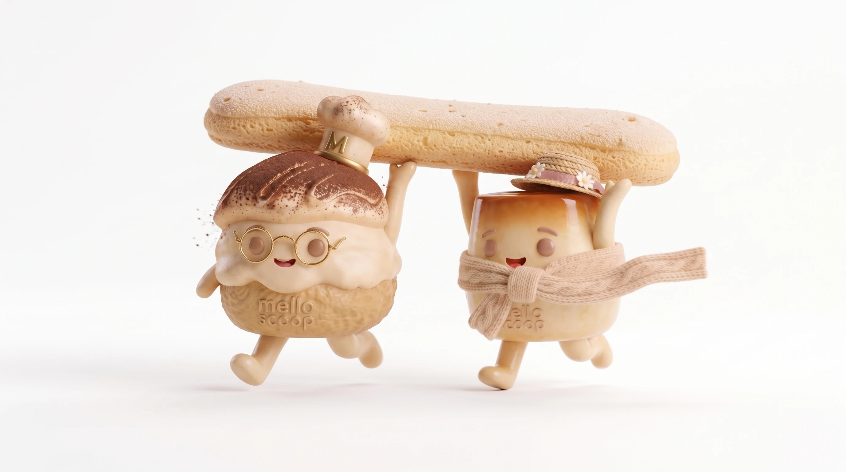 Pippo and Enzo carry a long ladyfinger biscuit together.