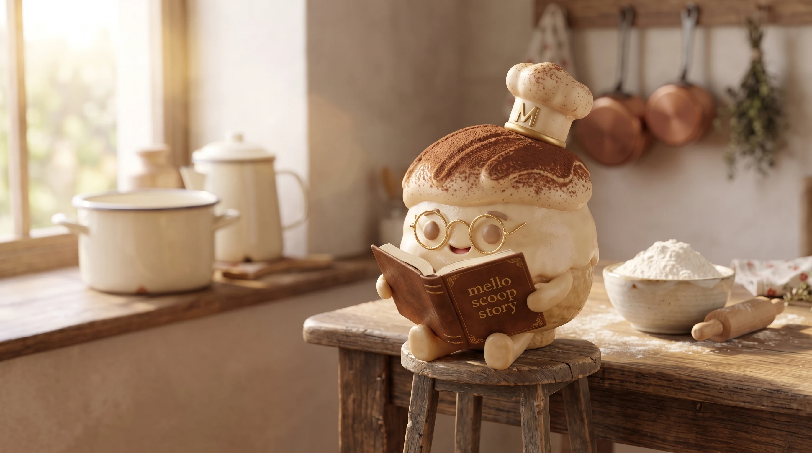 Pippo reads the Mello Scoop storybook in a sunlit kitchen, beside flour and a rolling pin.