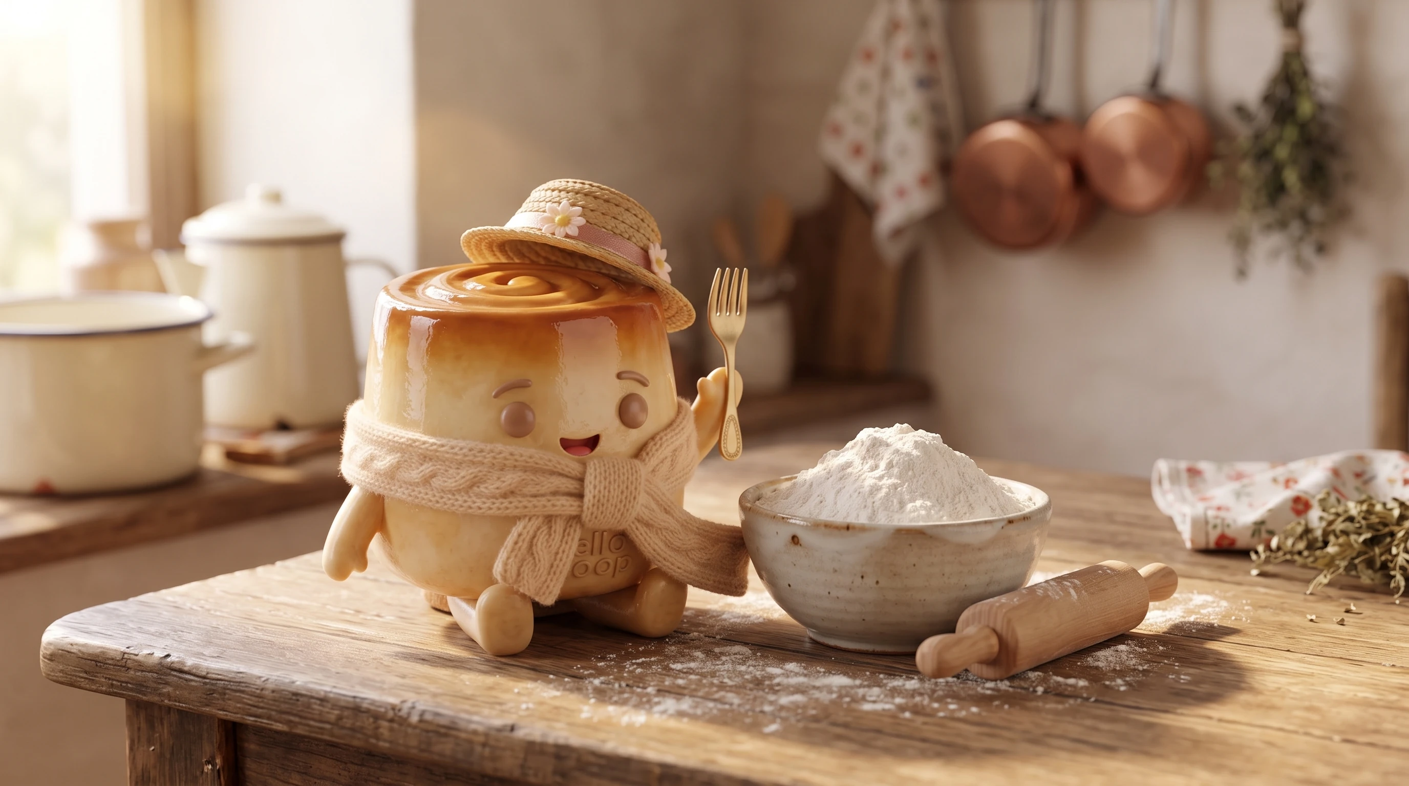 Enzo sits on a kitchen table beside a bowl of flour and a rolling pin, wearing his straw hat and cosy scarf.