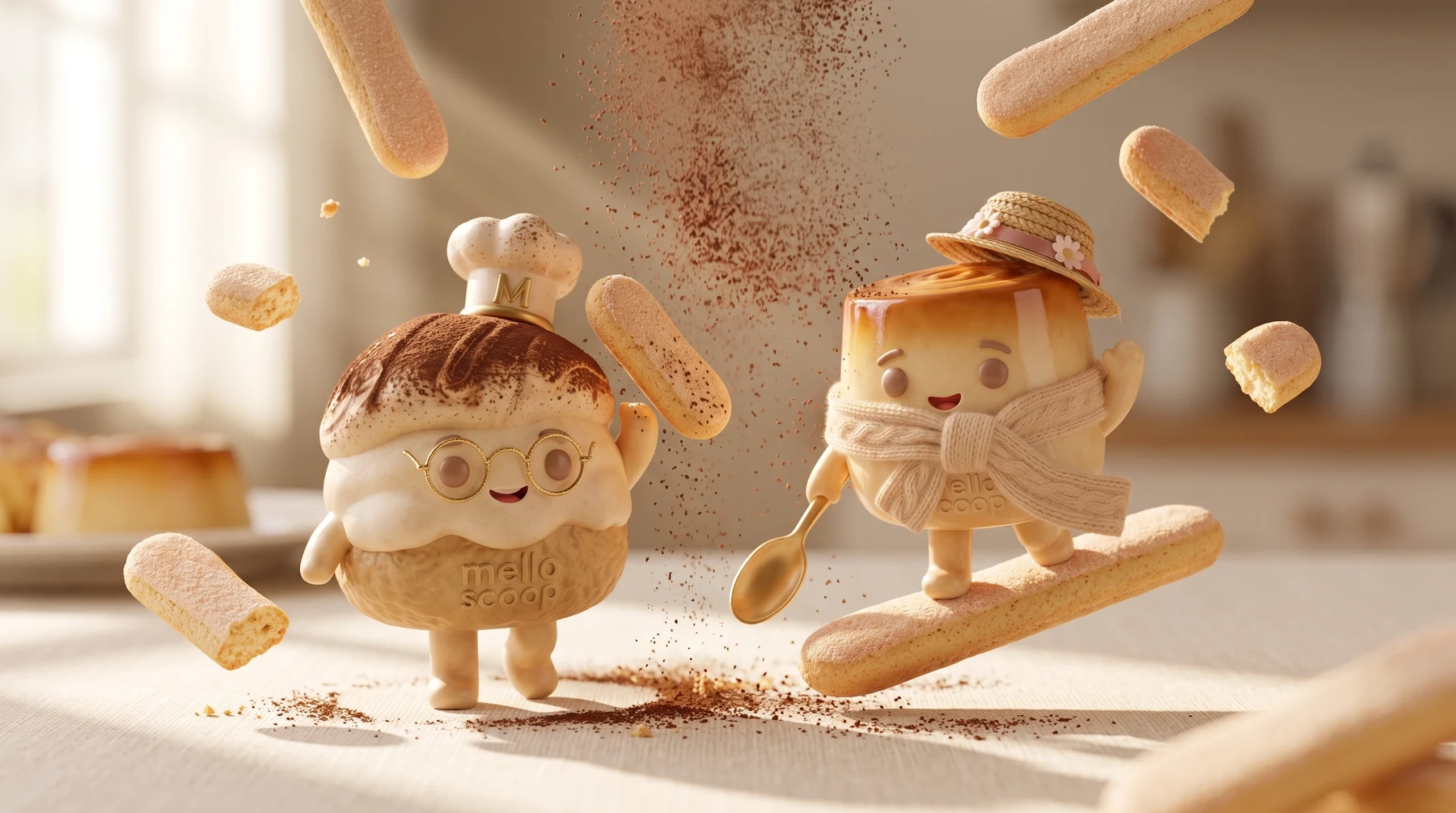 Pippo and Enzo playing with floating ladyfingers in a warm kitchen